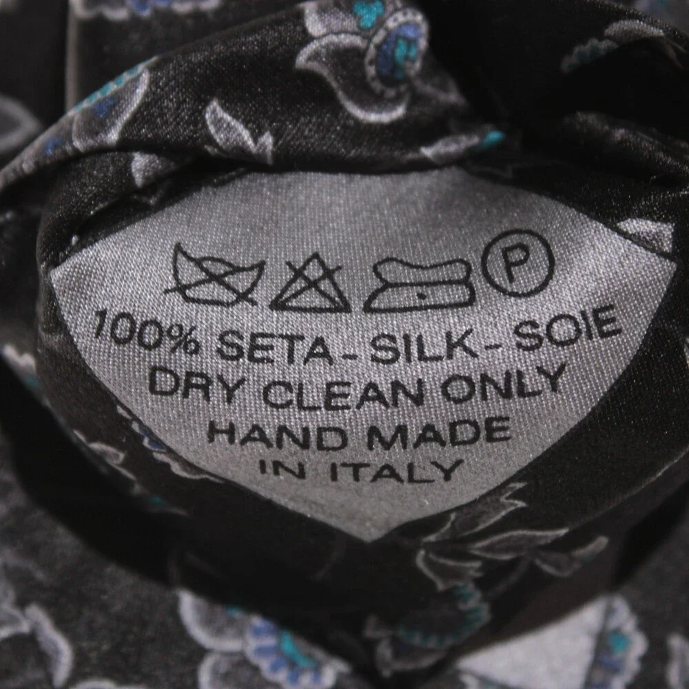 Brioni NWOT Neck Tie in Black with Gray & Blue Floral Print 100% Silk